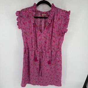Rungolee Pink Floral Ruffle Mini Dress Tassel Tie Waist V-Neck Pockets Womens M